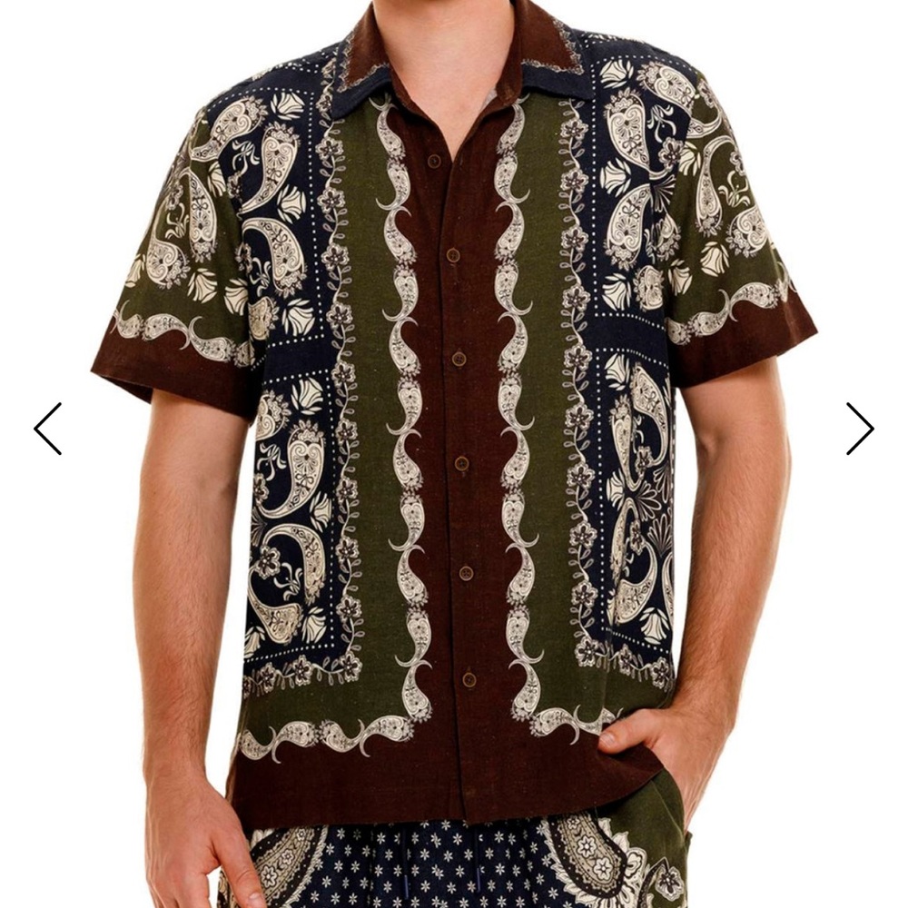 Agua Bendita Men's Short Sleeve Bandana Print Shirt in Brown, Olive, Navy